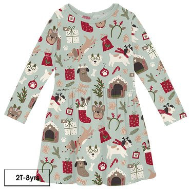 KICKEE PANTS-L/S TWIRL DRESS-ALOE CHRISTMAS DOG 3T