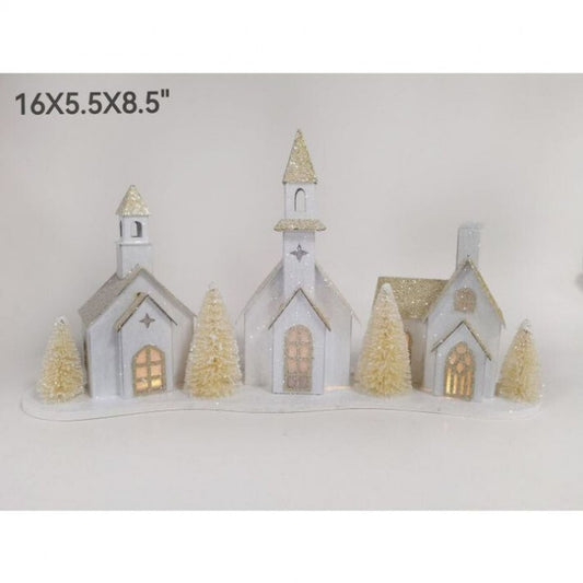 16" LED/BTY TMR SNOW VILLAGE/CHURCH
