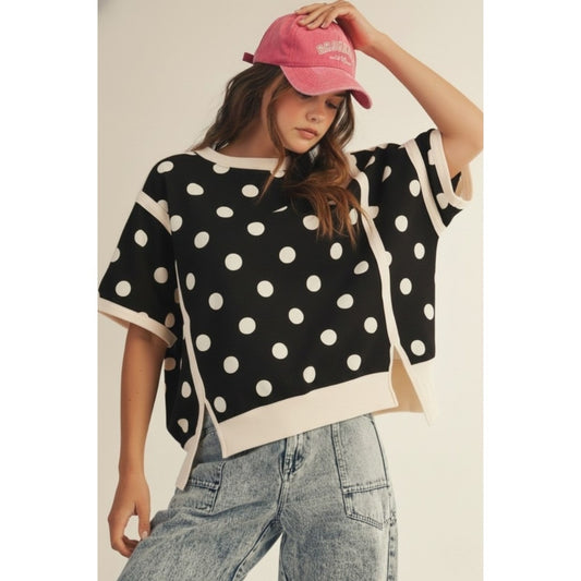 POLKA DOT LOOSE FIT TOP W/ SLITS