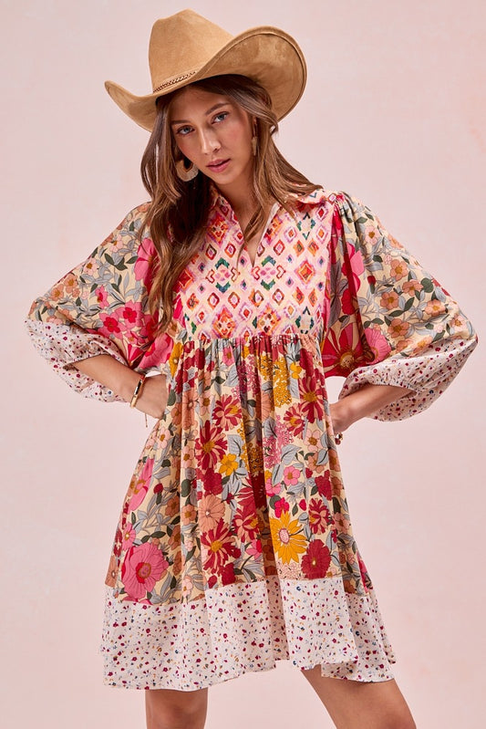 BIBI MIX PRINT BUBBLE SLEEVE DRESS