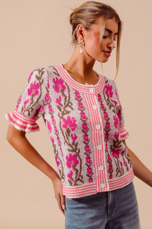 SO ME- FLORAL BUTTON UP CARDIGAN W/ PUFF SLEEVES
