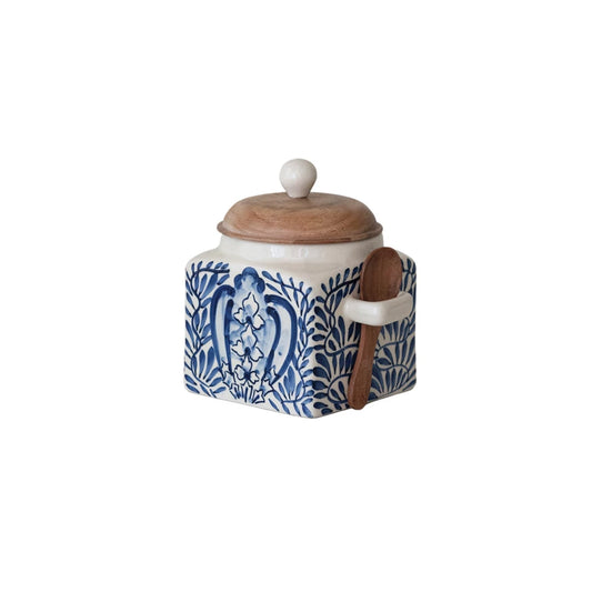 5 X 5 1/2 SQUARE STONEWARE WOOD LID/W SPOON