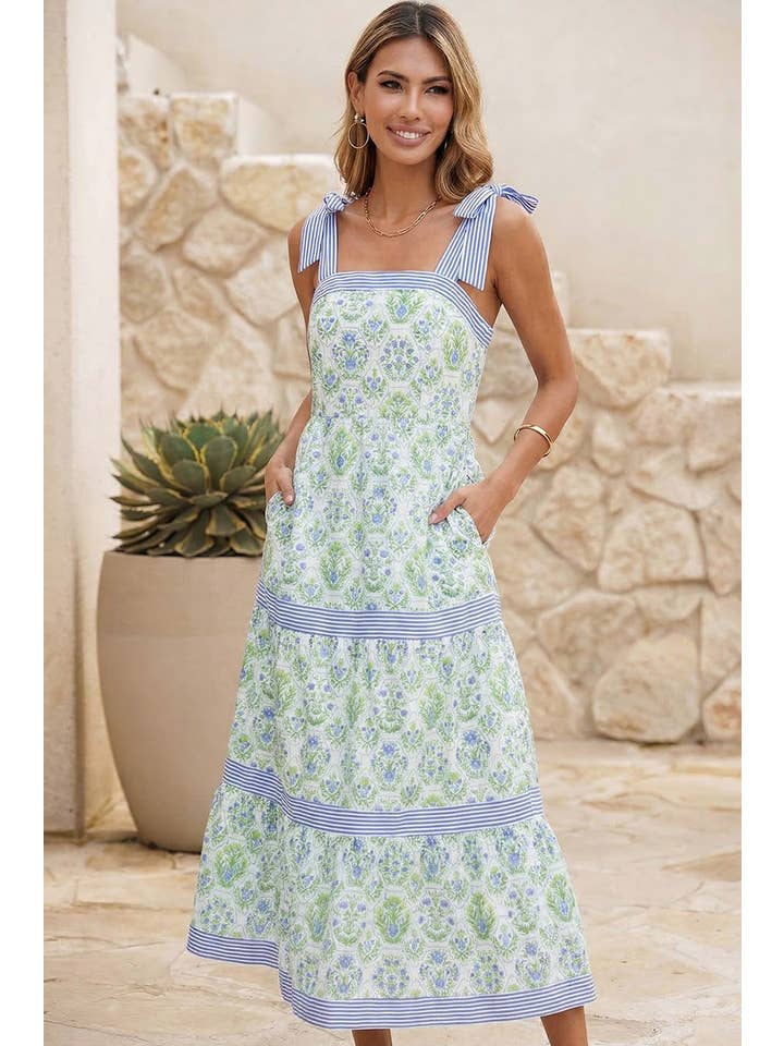1ST WOMAN-FLORAL GEOMETRIC STRIPE DRESS