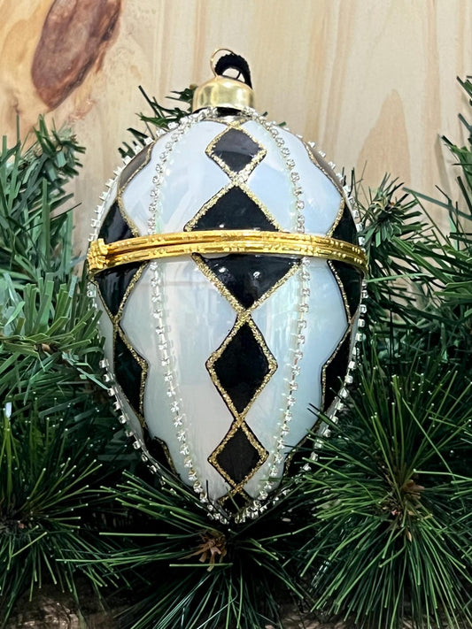 5" GLASS HINGED EGG ORNAMENT-BLACK & WHITE