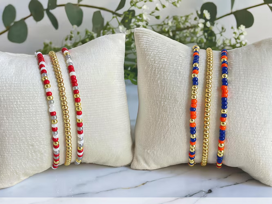 GAME DAY DAINTY ORANGE/BLUE BEADED STRETCH BRACELET