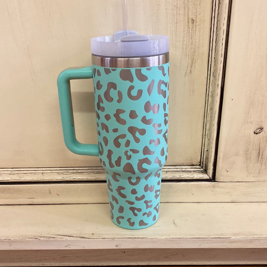 INSULATED CUP W/ STRAW-TURQ LEOPARD