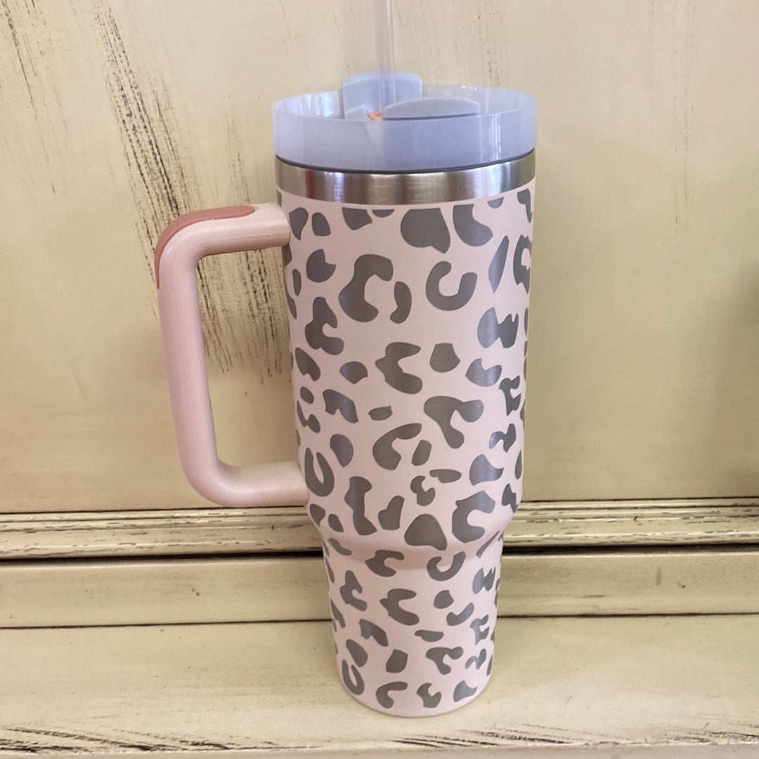 INSULATED CUP W/ STRAW-PINK LEOPARD