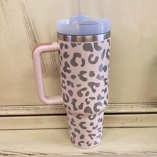INSULATED CUP W/ STRAW-PINK LEOPARD