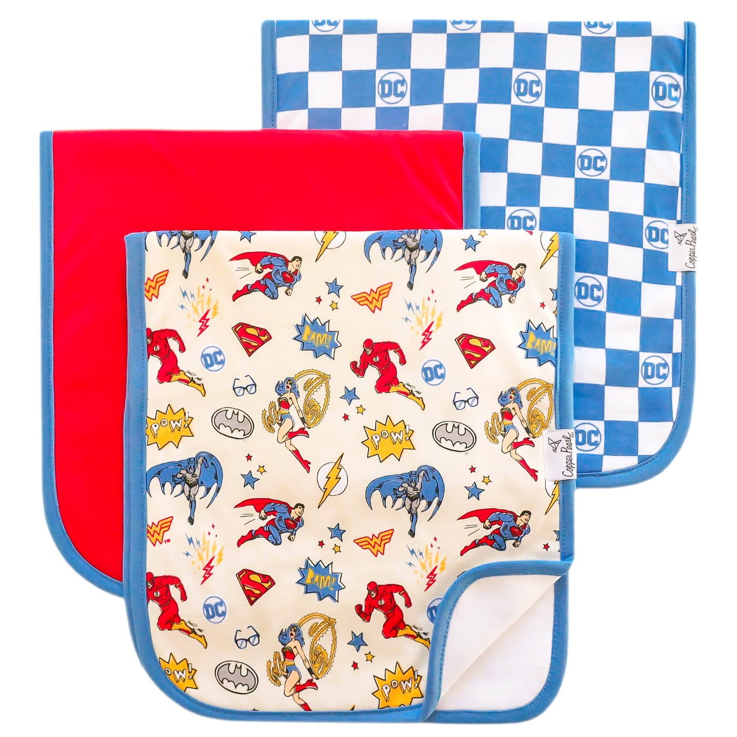 COPPER PEARL BURP BIB/JUSTICE LEAGUE