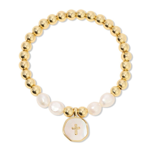 SPLENDID IRIS- 6mm BEADED CROSS & PEARL BRACELET