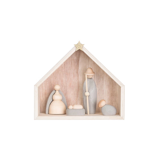 S/5  7 3/4" x 7" H WOOD & CEMENT NATIVITY