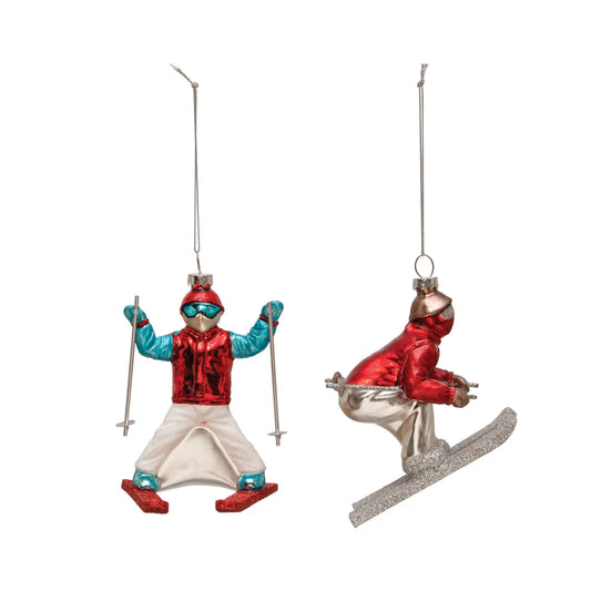 4 1/2" HAND PAINTED GLASS SKIER-ORNAMENT