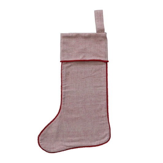 20"L X 7"W WOVEN COTTON STOCKING-W/RED POM POM TRIM