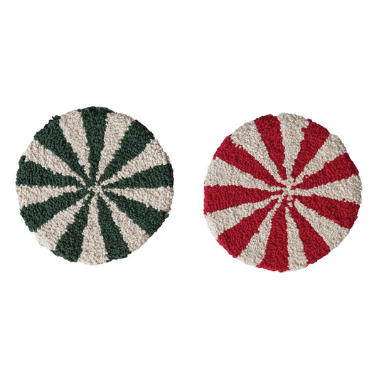 8" RD COTTON TUFTED CANDY SHAPED TRIVET-RED