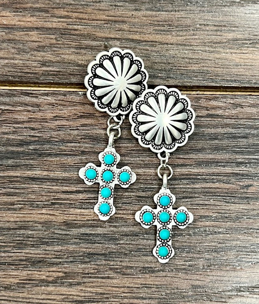 ISAC  2" LONG TURQ CROSS BRASS POST EARRINGS