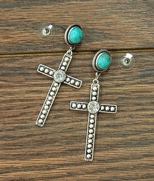 ISAC CRYSTAL CROSS TURQ CONCHO EARRINGS