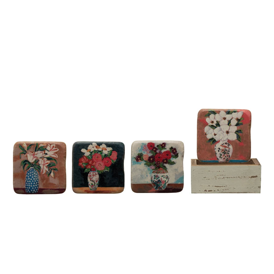 4" SQUARE RESIN COASTERS/FLOWERS