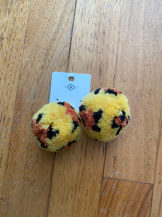 LARGE PUFF BALL EARRINGS/MUSTARD