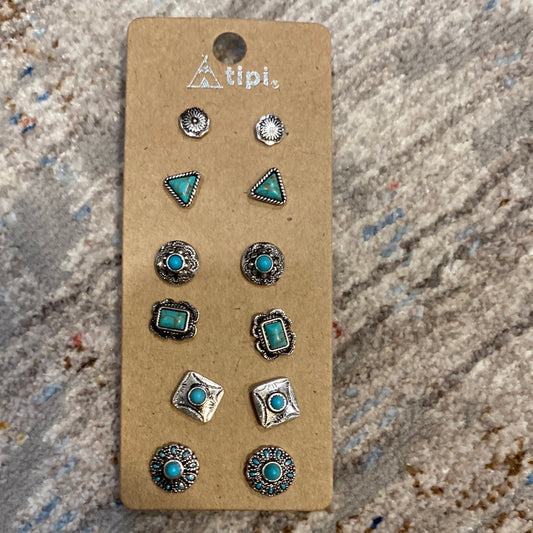TIPI SILVER & TURQ STUD SET OF 6 /TRI
