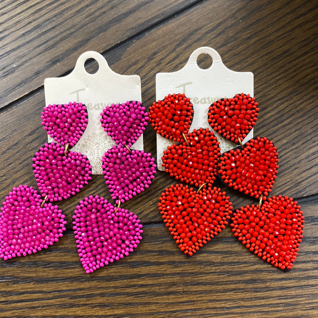 TREASURE BEADED TRIPLE HEART EARRINGS