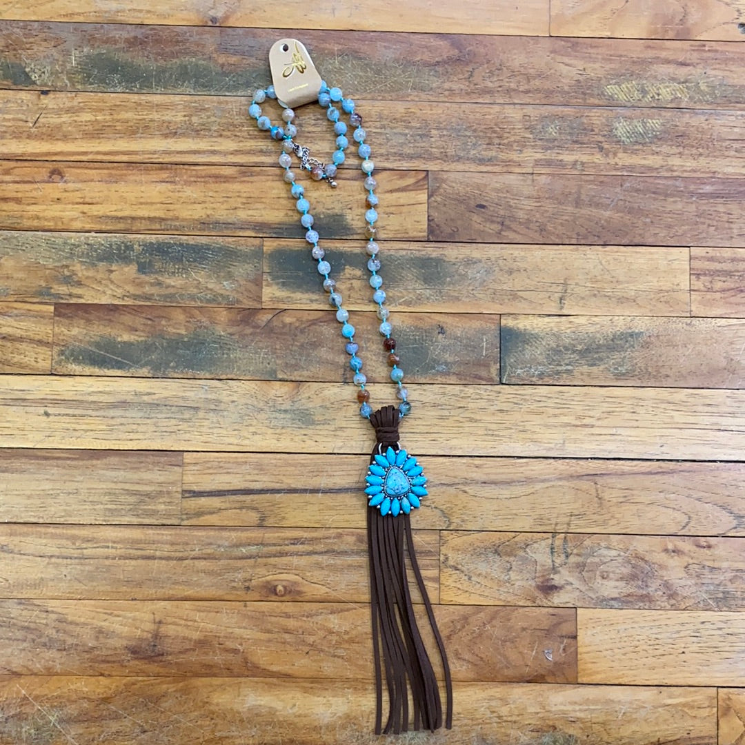LONG BEADED/LEATHER NECKLACE/TURQ