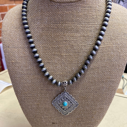 ISAC 16" NAVAJO BEAD W/CONCHO&TURQ STONE PEND